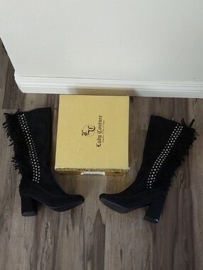 NIB Lady Couture East Village Black Fringe Stud Knee High Boots